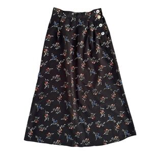 Vintage Y2K 90s Floral Midi Skirt Black Button A Line Cottagecore Petite XS